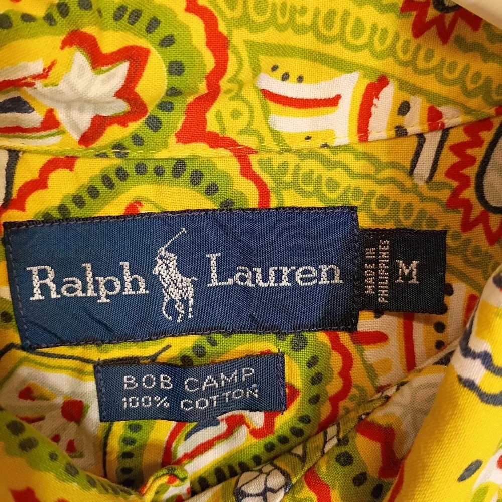 Ralph Lauren Bob Camp Mens M Yellow Paisley Hawaiian Camp Shirt Cotton Resort